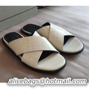 Most Popular Balenciaga Stone Embossed Patent Calfskin Cross Strap Flat Slide Sandals 050763 White 2021