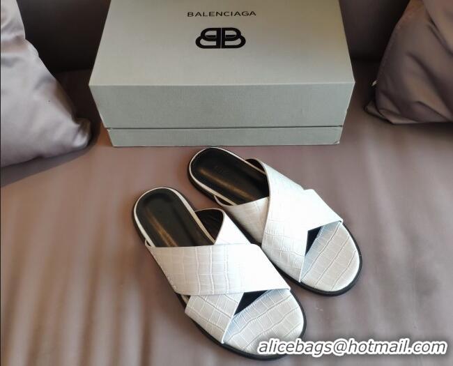 Most Popular Balenciaga Stone Embossed Patent Calfskin Cross Strap Flat Slide Sandals 050763 White 2021