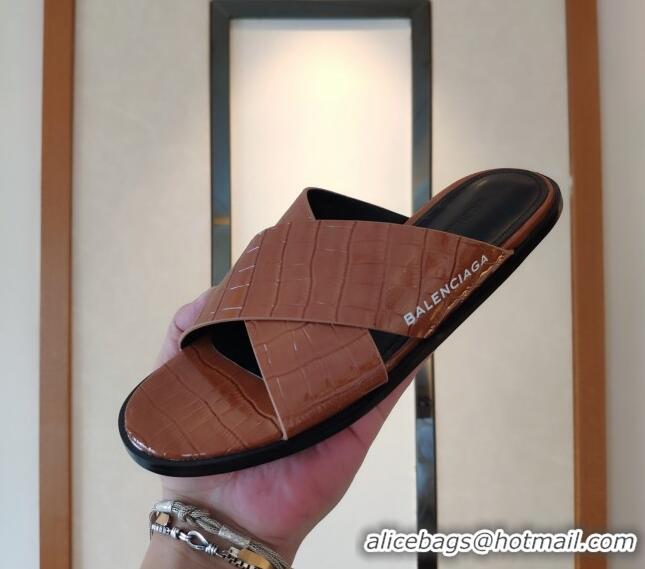 Popular Style Balenciaga Stone Embossed Patent Calfskin Cross Strap Flat Slide Sandals 050763 Brown 2021