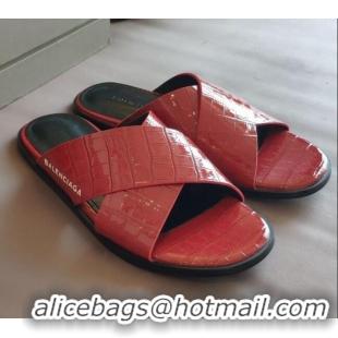 Good Looking Balenciaga Stone Embossed Patent Calfskin Cross Strap Flat Slide Sandals 050763 Red 2021