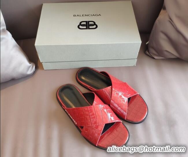 Good Looking Balenciaga Stone Embossed Patent Calfskin Cross Strap Flat Slide Sandals 050763 Red 2021