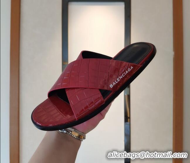 Good Looking Balenciaga Stone Embossed Patent Calfskin Cross Strap Flat Slide Sandals 050763 Red 2021