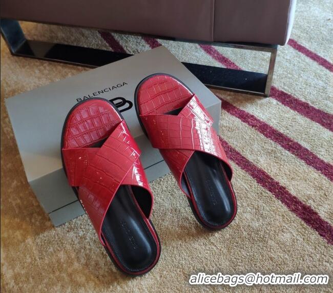 Good Looking Balenciaga Stone Embossed Patent Calfskin Cross Strap Flat Slide Sandals 050763 Red 2021