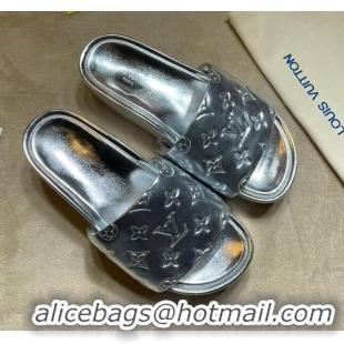 Luxury Cheap Louis Vuitton Jumbo Monogram Leather Flatform Slide Sandals 031024 Silver 2021