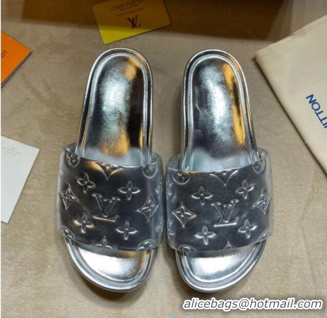 Luxury Cheap Louis Vuitton Jumbo Monogram Leather Flatform Slide Sandals 031024 Silver 2021