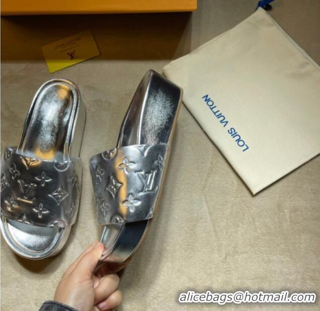 Luxury Cheap Louis Vuitton Jumbo Monogram Leather Flatform Slide Sandals 031024 Silver 2021