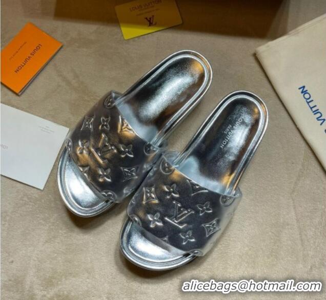 Luxury Cheap Louis Vuitton Jumbo Monogram Leather Flatform Slide Sandals 031024 Silver 2021