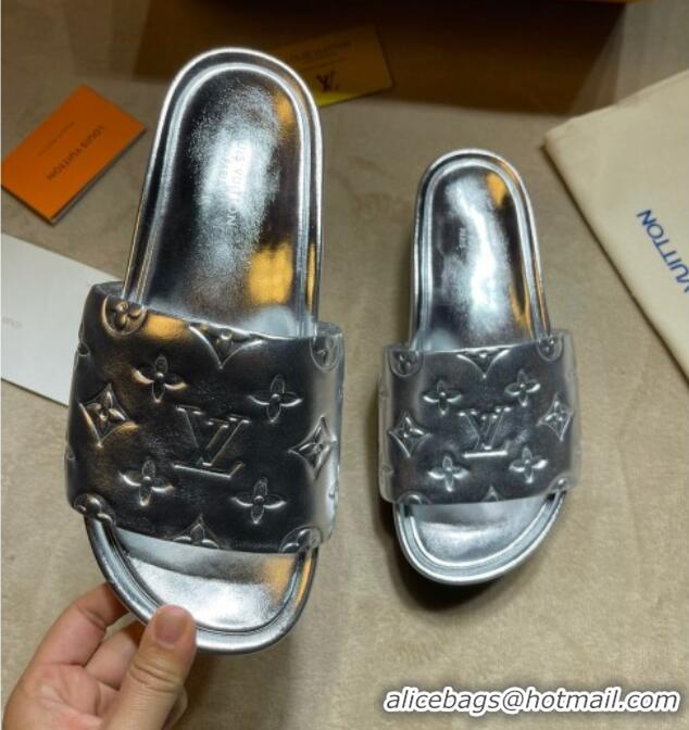 Luxury Cheap Louis Vuitton Jumbo Monogram Leather Flatform Slide Sandals 031024 Silver 2021