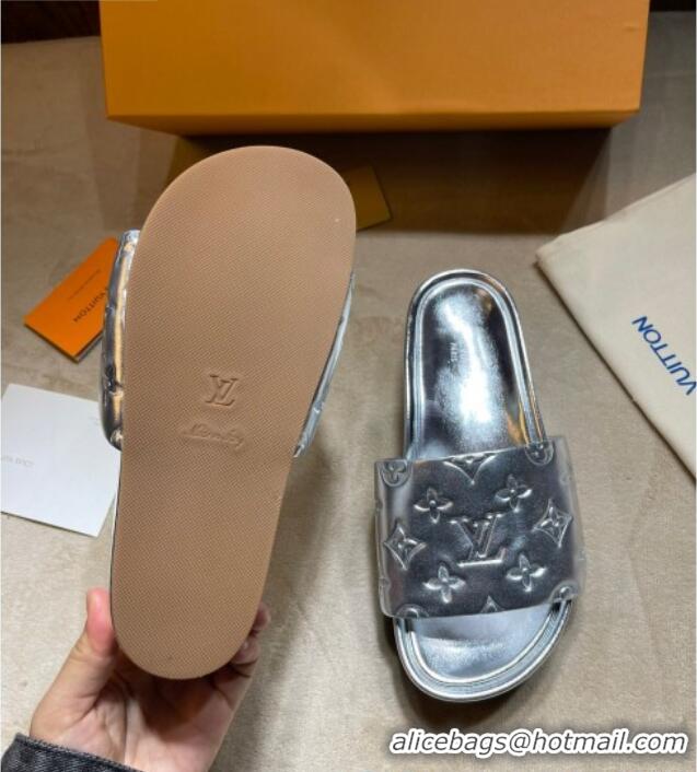 Luxury Cheap Louis Vuitton Jumbo Monogram Leather Flatform Slide Sandals 031024 Silver 2021