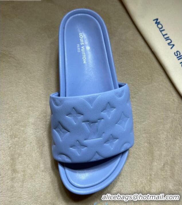 Luxury Cheap Louis Vuitton Jumbo Monogram Leather Flatform Slide Sandals 031024 Blue 2021