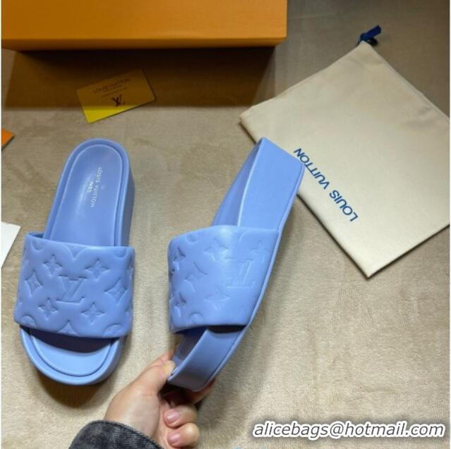 Luxury Cheap Louis Vuitton Jumbo Monogram Leather Flatform Slide Sandals 031024 Blue 2021