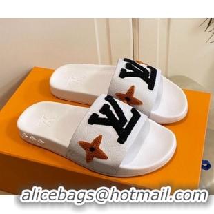 Good Quality Louis Vuitton Wool Logo Slide Sandals in Grained Calfskin 031109 White 2021 