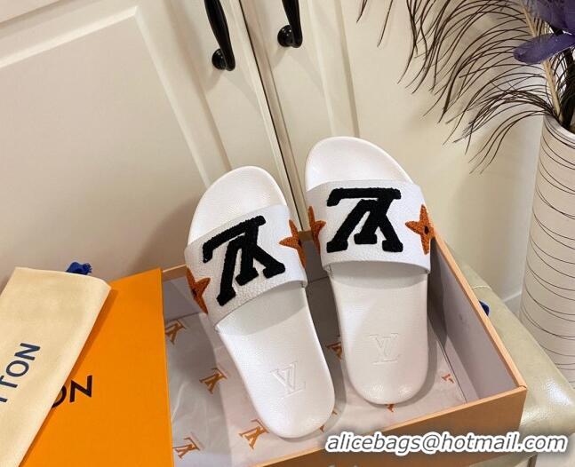 Good Quality Louis Vuitton Wool Logo Slide Sandals in Grained Calfskin 031109 White 2021 