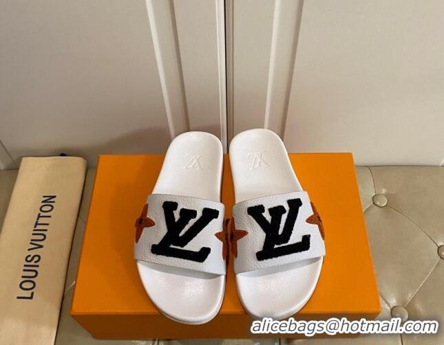 Good Quality Louis Vuitton Wool Logo Slide Sandals in Grained Calfskin 031109 White 2021 