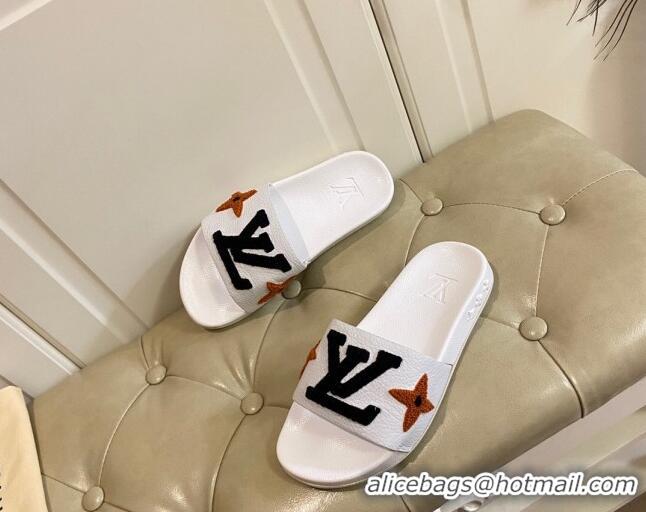 Good Quality Louis Vuitton Wool Logo Slide Sandals in Grained Calfskin 031109 White 2021 