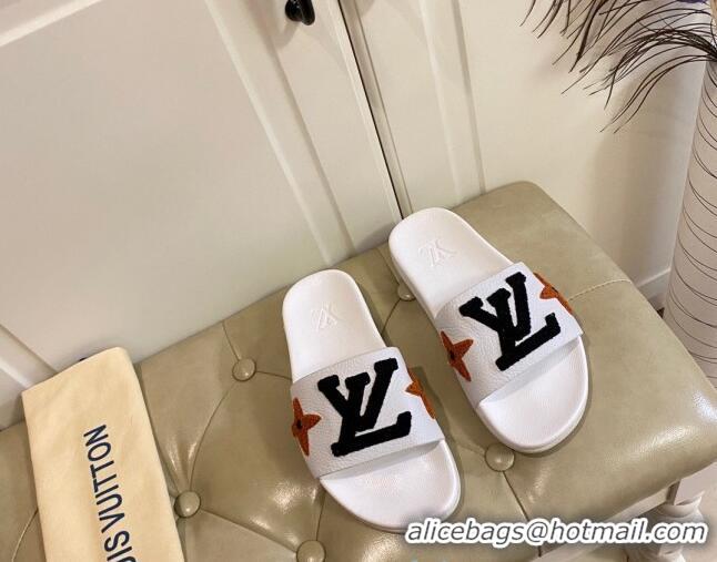 Good Quality Louis Vuitton Wool Logo Slide Sandals in Grained Calfskin 031109 White 2021 