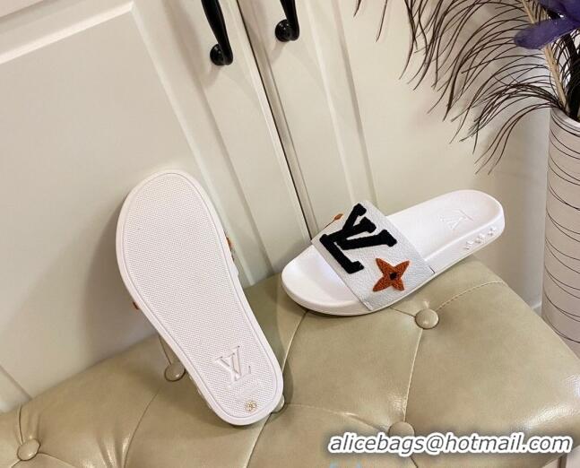 Good Quality Louis Vuitton Wool Logo Slide Sandals in Grained Calfskin 031109 White 2021 