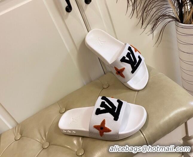 Good Quality Louis Vuitton Wool Logo Slide Sandals in Grained Calfskin 031109 White 2021 