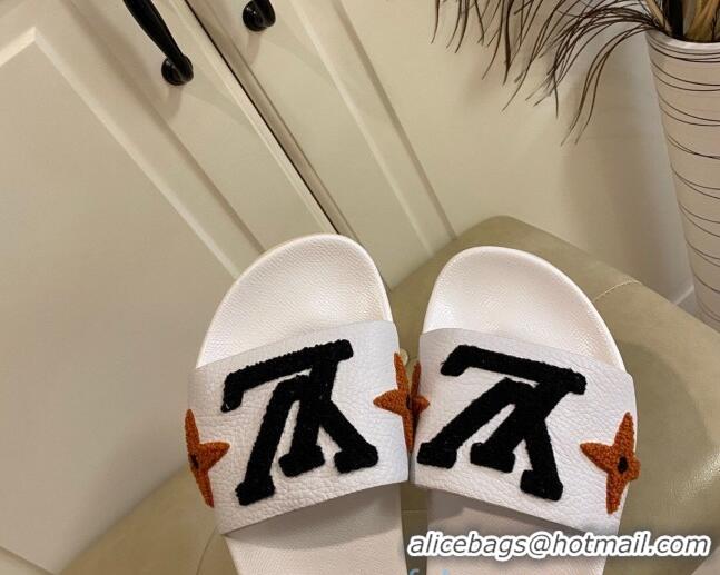 Good Quality Louis Vuitton Wool Logo Slide Sandals in Grained Calfskin 031109 White 2021 