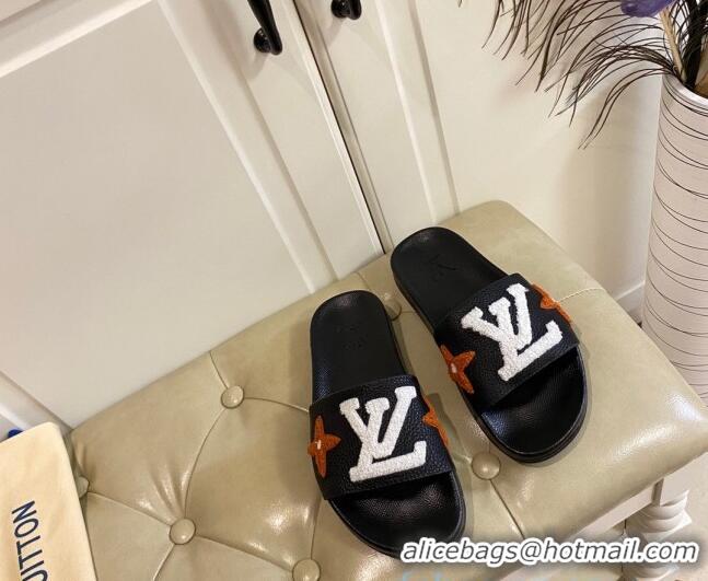 Good Looking Louis Vuitton Wool Logo Slide Sandals in Grained Calfskin 031109 Black 2021 