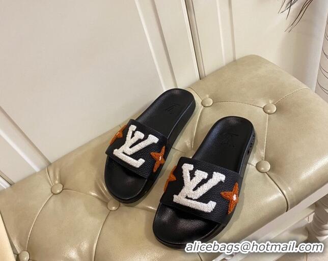 Good Looking Louis Vuitton Wool Logo Slide Sandals in Grained Calfskin 031109 Black 2021 