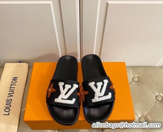 Good Looking Louis Vuitton Wool Logo Slide Sandals in Grained Calfskin 031109 Black 2021 