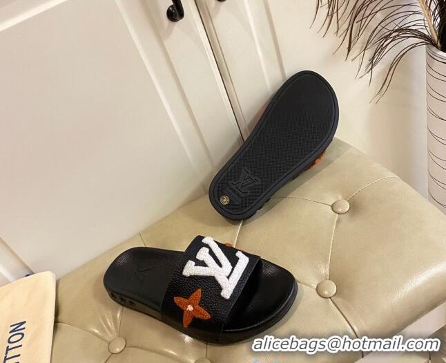 Good Looking Louis Vuitton Wool Logo Slide Sandals in Grained Calfskin 031109 Black 2021 