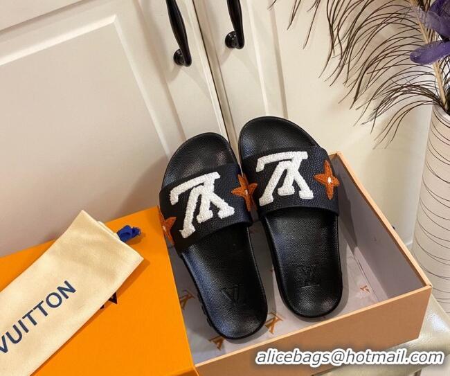 Good Looking Louis Vuitton Wool Logo Slide Sandals in Grained Calfskin 031109 Black 2021 