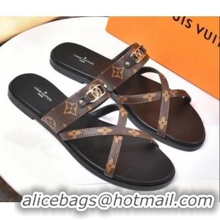 Elegant Louis Vuitton Cross Strap Flat Slide Sandals Brown Monogram Canvas 330111