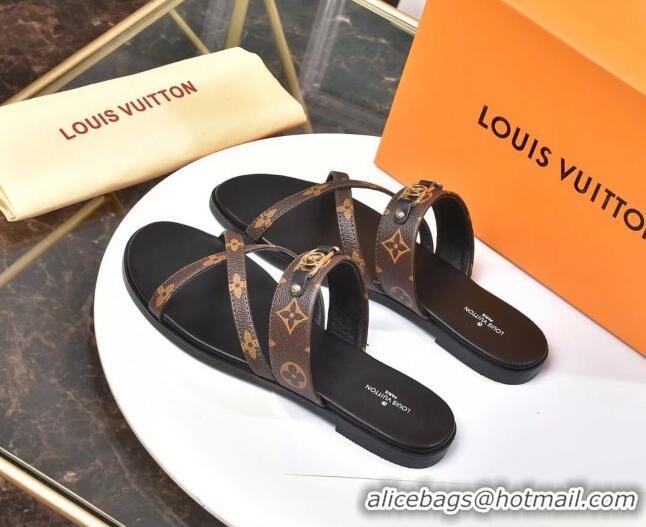 Elegant Louis Vuitton Cross Strap Flat Slide Sandals Brown Monogram Canvas 330111