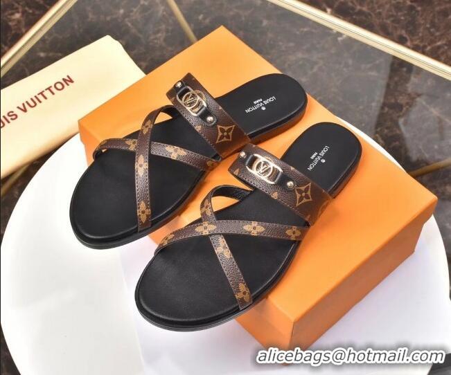 Elegant Louis Vuitton Cross Strap Flat Slide Sandals Brown Monogram Canvas 330111