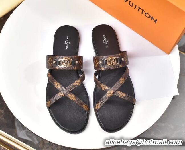 Elegant Louis Vuitton Cross Strap Flat Slide Sandals Brown Monogram Canvas 330111