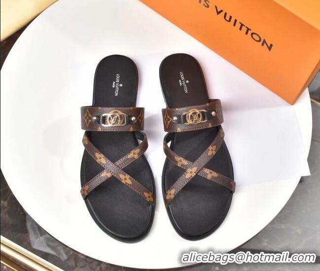 Elegant Louis Vuitton Cross Strap Flat Slide Sandals Brown Monogram Canvas 330111