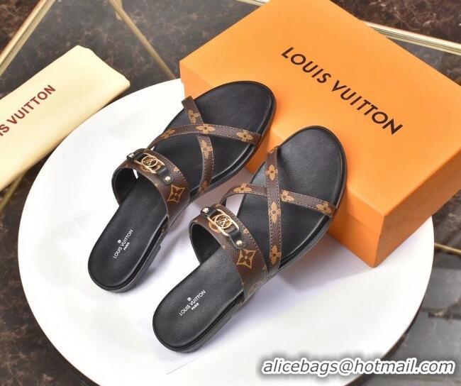 Elegant Louis Vuitton Cross Strap Flat Slide Sandals Brown Monogram Canvas 330111