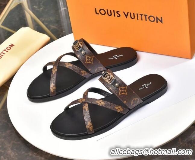 Elegant Louis Vuitton Cross Strap Flat Slide Sandals Brown Monogram Canvas 330111