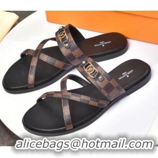 Perfect Louis Vuitton Cross Strap Flat Slide Sandals 330111 Damier Ebene Canvas