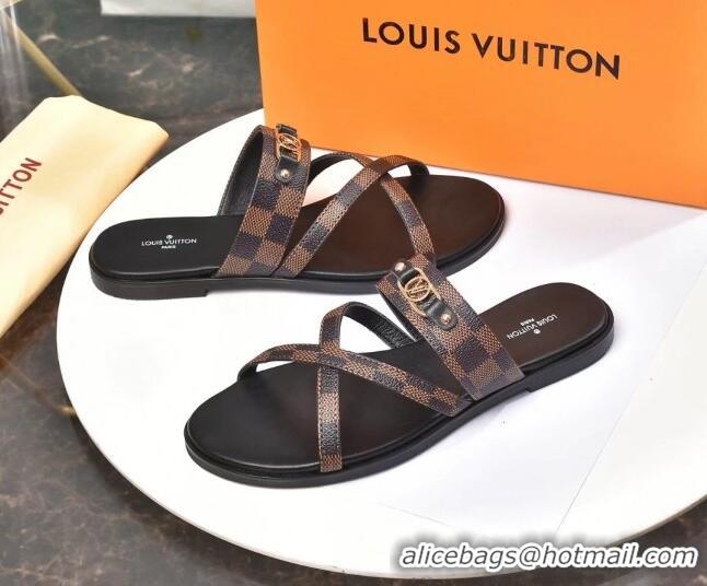 Perfect Louis Vuitton Cross Strap Flat Slide Sandals 330111 Damier Ebene Canvas