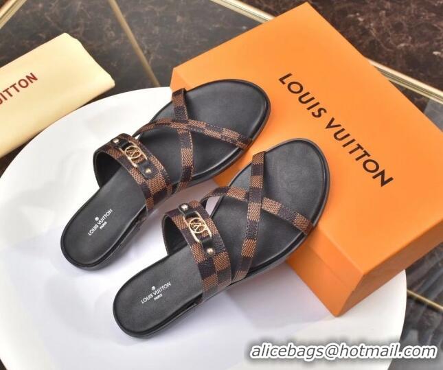 Perfect Louis Vuitton Cross Strap Flat Slide Sandals 330111 Damier Ebene Canvas