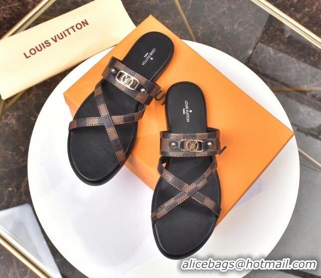 Perfect Louis Vuitton Cross Strap Flat Slide Sandals 330111 Damier Ebene Canvas