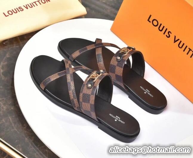 Perfect Louis Vuitton Cross Strap Flat Slide Sandals 330111 Damier Ebene Canvas