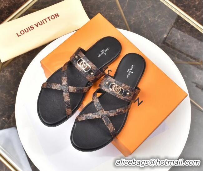 Perfect Louis Vuitton Cross Strap Flat Slide Sandals 330111 Damier Ebene Canvas