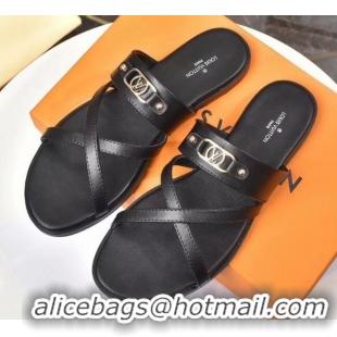 Low Cost Louis Vuitton Calfskin Cross Strap Flat Slide Sandals 330111 Black