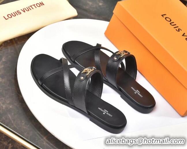 Low Cost Louis Vuitton Calfskin Cross Strap Flat Slide Sandals 330111 Black