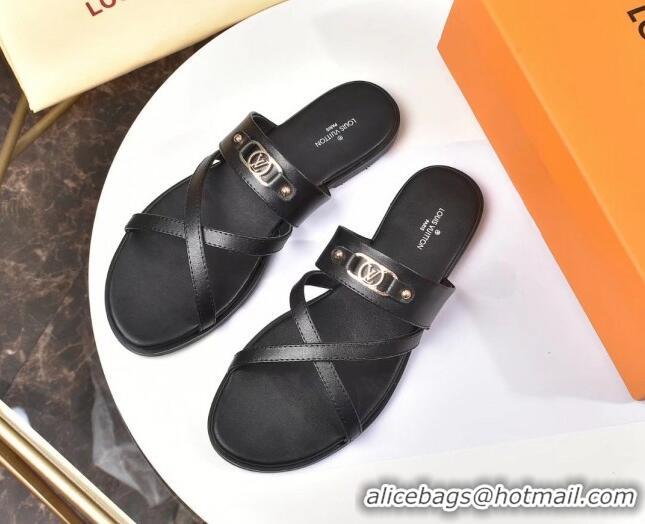 Low Cost Louis Vuitton Calfskin Cross Strap Flat Slide Sandals 330111 Black