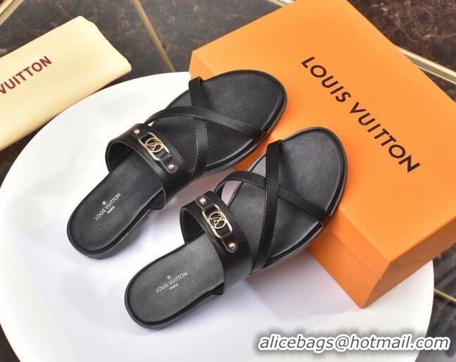 Low Cost Louis Vuitton Calfskin Cross Strap Flat Slide Sandals 330111 Black