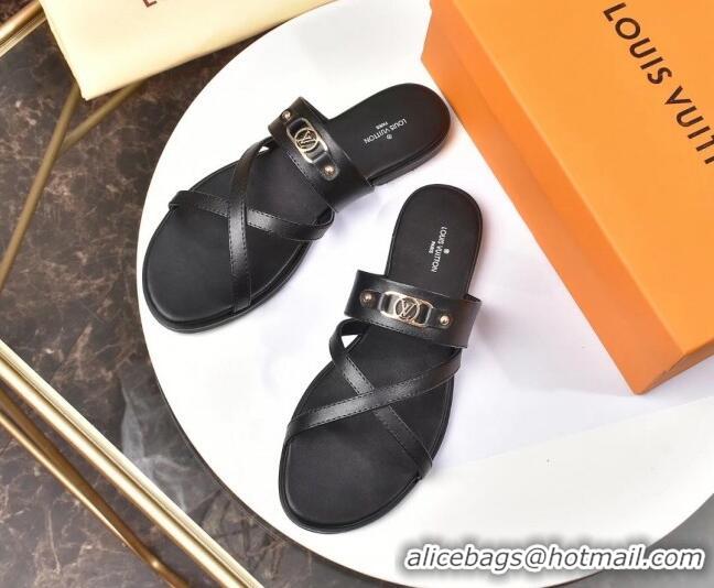 Low Cost Louis Vuitton Calfskin Cross Strap Flat Slide Sandals 330111 Black