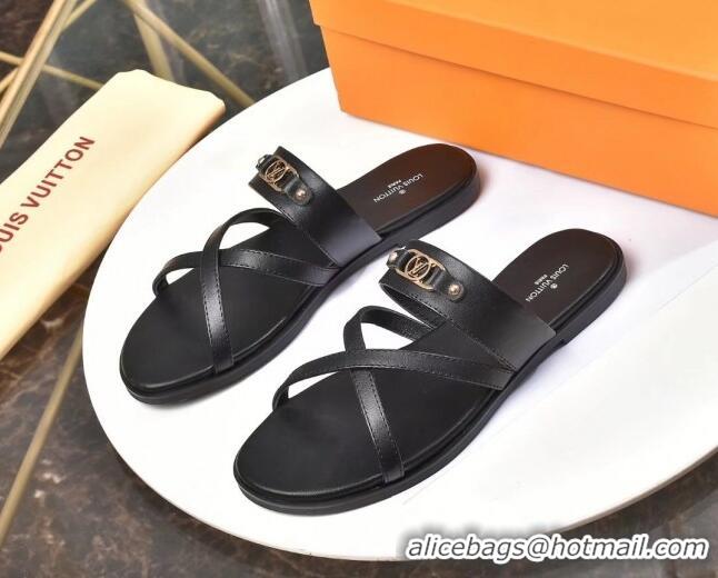 Low Cost Louis Vuitton Calfskin Cross Strap Flat Slide Sandals 330111 Black