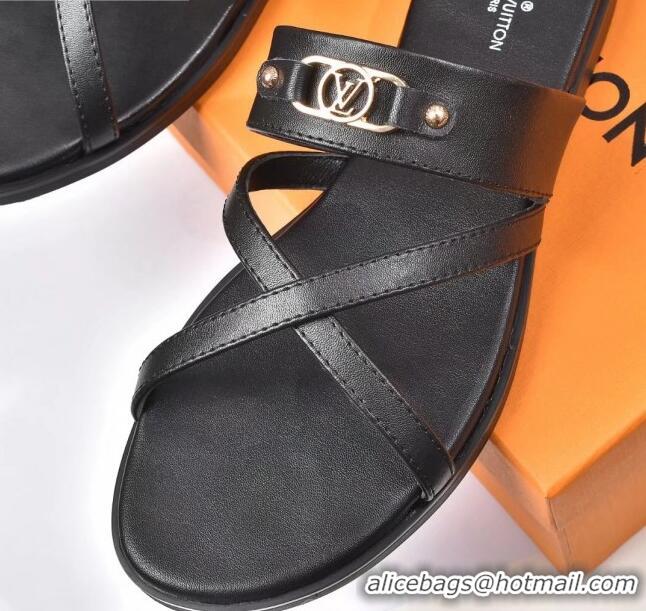 Low Cost Louis Vuitton Calfskin Cross Strap Flat Slide Sandals 330111 Black