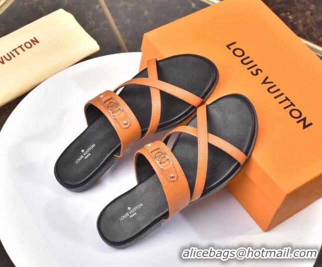 Good Product Louis Vuitton Calfskin Cross Strap Flat Slide Sandals 330111 Orange