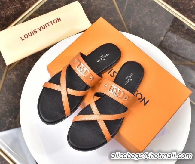 Good Product Louis Vuitton Calfskin Cross Strap Flat Slide Sandals 330111 Orange